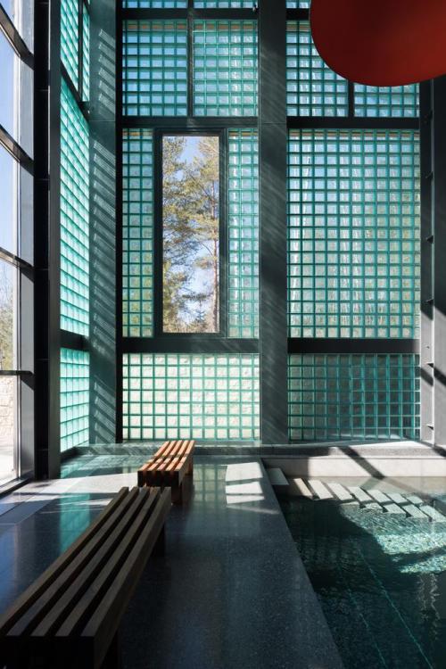 Indoor Pool with Glass Block Wall via reddit