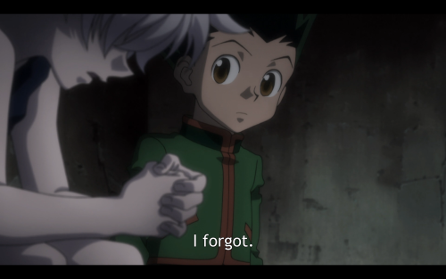 Gon is trying to keep Killua and himself distracted so they don’t get down too much by rambling a bi