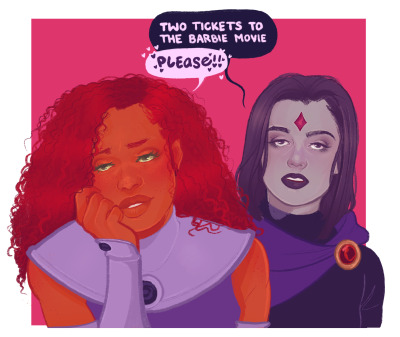 Digital art of Starfire and Raven from Teen Titans. Raven says dryly, “two tickets to the Barbie movie.” Starfire happily tacks on “please!!” The colors are bright and saturated.