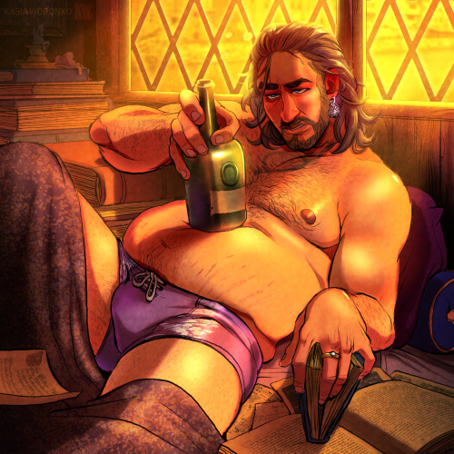 Illustration: Gale from Baldur's Gate 3 drunk and fatter, laying in bed drinking over his breakup with Mystra.