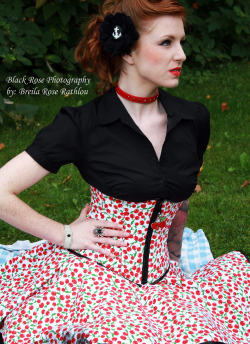 flufferdesigns:  Pin Up Girl Cherry UnderBust Corset Waist Cincher &amp; Cherry Skirt  Cherries, Cherries, Cherries &amp; More Cherries!Look as sweet as you are.Photo by Breila Rose Rathlou of breilablackrosephotography.comModeling by Laura McCarronHair