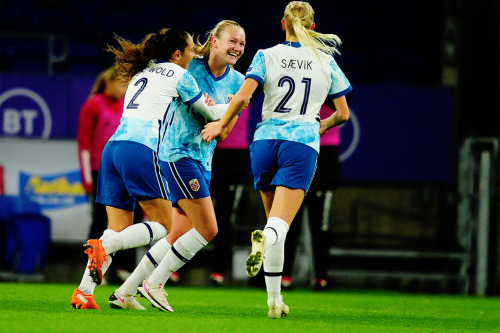 Frida Maanum of Norway celebrates with teammates after scoring a goal during the UEFA Women’s 