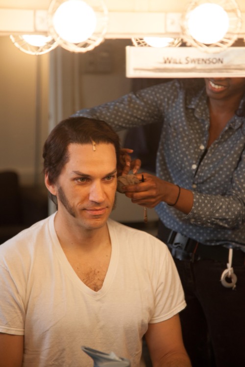 Assistant Hair Supervisor Amber Morrow helps Will Swenson with his first Javert wig. Photo by maxgor