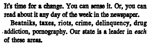 1966.Ronald Reagan investigates sexual orgies, suggestive positions, and the thick smell of marijuan