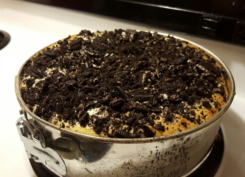 massivelyfattening:  My Oreo cheesecake! Once I cut it open tomorrow, I’ll post pics.  Just assume I