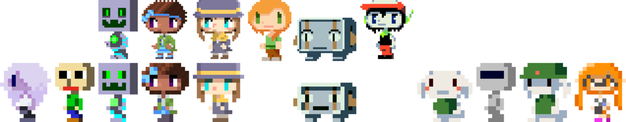 I think these are all the Cave Story skins I’ve made so far…
Including Amethyst from Steven Universe, Baldi from Baldi’s Basics, Bulb from this, Bow Kid from A Hat In Time, Hat kid from A Hat In Time, Alex from Minecraft, Balrog from Cave story,...