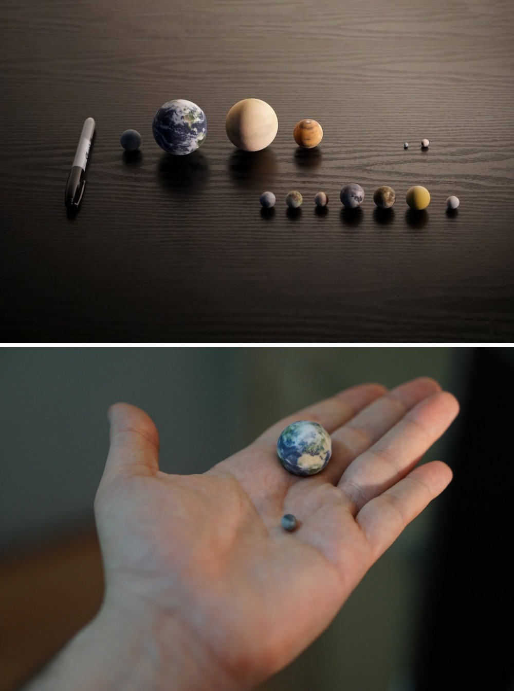 primarybufferpanel: sosuperawesome:  3D Printed Planets and Moons, made to relative