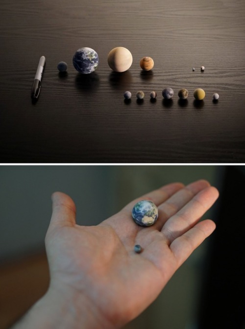 sosuperawesome:  3D Printed Planets and Moons, made to relative or true scale in 1:1.5 billion, 1:1 billion or 1:0.7 billion sizes, sold singularly, in sets, in bottles, or with surface detail relief.  By Little Planet Factory on Etsy 