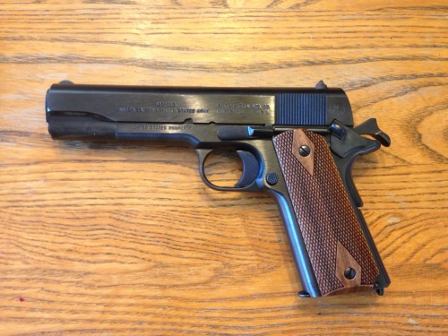 cerebralzero:  dr-joe:  I bought a 1911! It’s a Colt 1911 100 year anniversary model (Series 70 trigger), model O1911ANVIII. It’s an all steel, completely blued, classic 1911 exactly like I wanted. I wanted to buy one of these a long time ago but