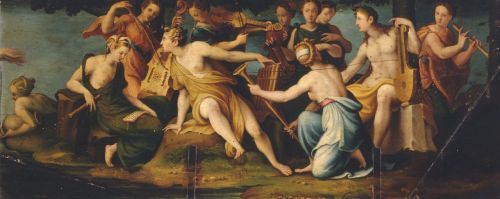 hildegardavon:Attributed to Giulio Campi, 1500-1570Apollo and the Muses, 1550, oil on wood, 40x97 cm