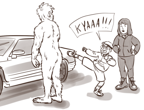 tazdelightful: [ID: A two panel, monochromatic, digital comic. In the first, panel, Bigfoot, 11-year