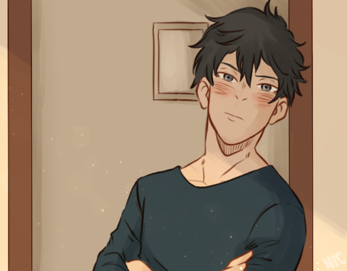 nicolasdean:Kageyama leans on the door frame still a bit groggy from waking up. He watches Hinata&rs
