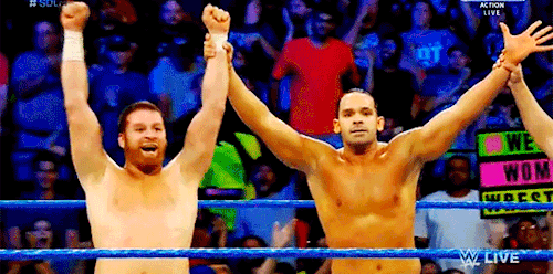 mith-gifs-wrestling:  Sami Zayn and Tye Dillinger celebrate their win with hugs and goofy dancing.