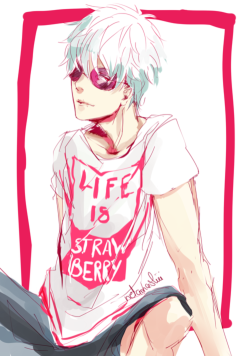 netamashii:  while i was out i saw some girl wearing the “life is strawberry” shirt and i immediately thought ” g INTOKI!!” so this doodle happened. gintoki is strawberry fan #1 