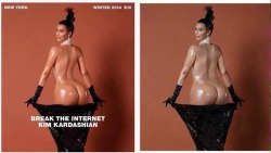 qarcon:  nurse-vishous:  combeferret:  combeferret:  i haven’t seen the unphotoshopped version about no one looks like they do in the magazines no one  pls reblog this cause i think it’s VERY important to see that even kim k has stretchmarks and a