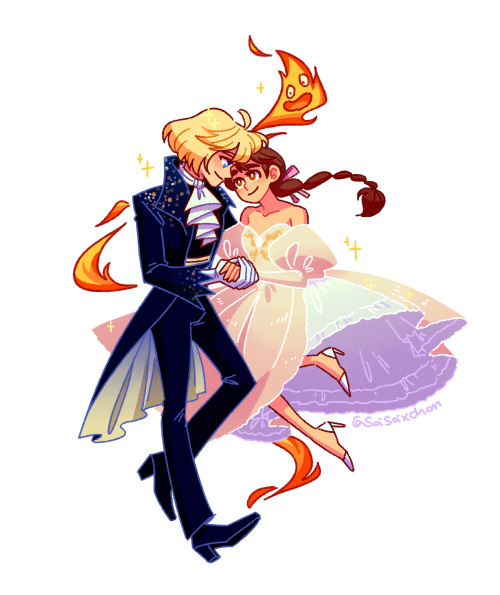 artsycrapfromsai: [on twitter][PLEASE DO NOT REPOST] a Secret Santa gift for laceprince on twitter!!!! they really love Howl’s Moving Castle and The Labyrinth, so i drew Howl and Sophie in the ballroom outfits from the movie!!!   ✨    ✨    ✨