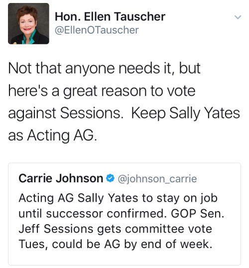 sandalwoodandsunlight:As long as Jeff Sessions in not confirmed, she is the acting AG. Call your sen