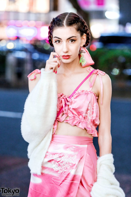 Tokyo-based Australian fashion designer Manon on the street in Harajuku wearing a matching pink ruff