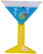 sticker of a blue martini in a yellow glass with an olive garnish.
