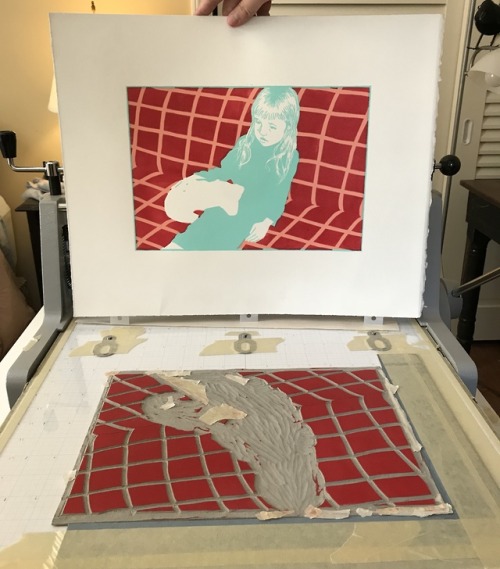 Process pics: layering all 5 blocks to create my linocut, “A Day I Don’t Remember”