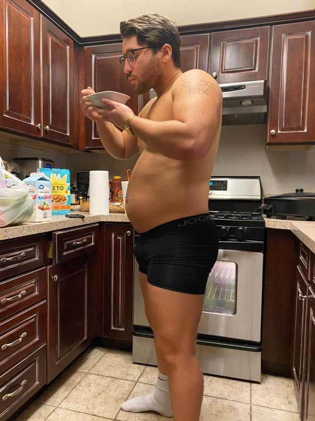 thic-as-thieves:Caught Roman having his favorite late night snack! Waking up in the middle of the night with cereal cravings has become a normal thing for him&hellip; no wonder he is packing the weight on so quickly! Also, a ton more new Patreon content