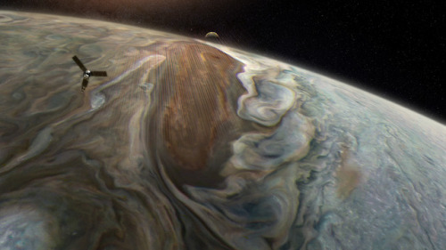 wonders-of-the-cosmos:Juno in Jupiter (the images that appear the juno probe is just an illustration