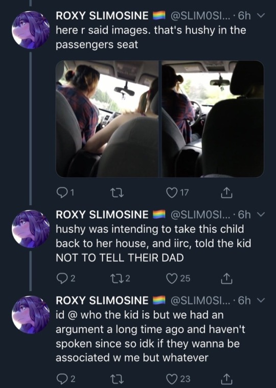 bpdpetergriffin:     Hushy attempting to take a 16 year old child back to her home after a rave and instructing them to not tell their father.  Thread: https://twitter.com/SLIM0SINE/status/1085758873749868544 ROXY SLIMOSINE 🏳️‍🌈 on Twitter 
