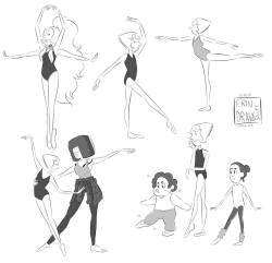 erindrawsstuff:  I CAME BACK JUST TO POST THIS ONE THING JUST ONCE In other words Pearl is a ballet instructor (that’s original!), Garnet is her best partner, Steven and Connie are her star pupils and Opal…well I couldn’t decide on two very similar