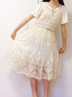 linausagii:   Apricot Sleeveless Hollow Embroidered Pleated Dress from Sheinside Read More