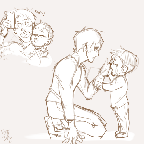 foxyjoy-art:sketching older Lance turned into ‘single dad Lance and tiny Shiro’