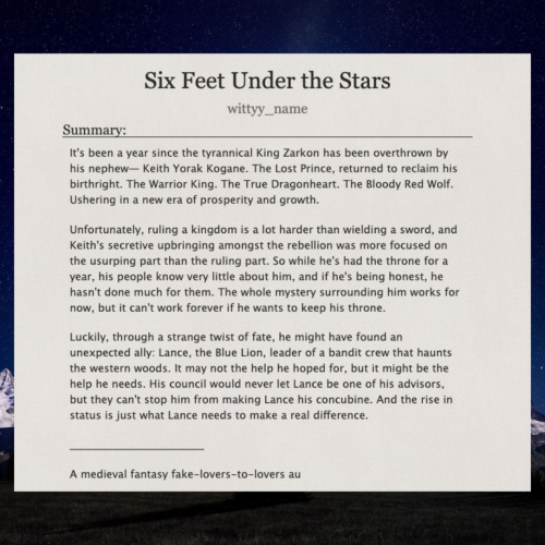 Six Feet Under the Stars - Chapter Three on Ao3✨Klance ✨King Keith / Royal Mistress Lance ✨Medieval 