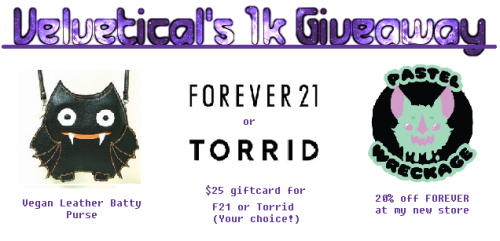 velvetical:  I finally reached 1000 followers and I’m having a giveaway to celebrate!  ——> Prizes!- An adorable vegan leather batty purse- ษ to F21 or Torrid, BUT if this post gets at least 1k notes, you’ll get ษ for F21 AND ษ for Torrid