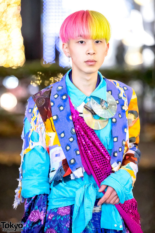 18-year-old Towy on the street in Harajuku wearing a colorful layered vintage style, orange Dr. Mart