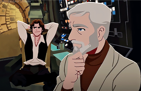 Gif of Obi-Wan sitting in the Millenium Falcon next to Han Solo, speaking gently to an unseen Luke.