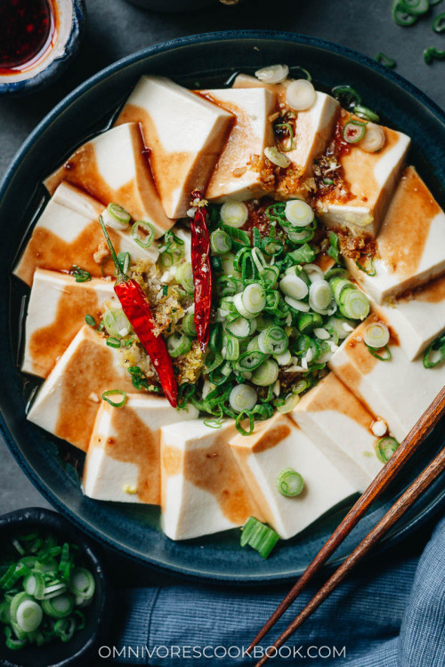 Easy Steamed Tofu (蒸豆腐)Silky tender tofu is steamed then drizzled with a fragrant aromatic oil and a