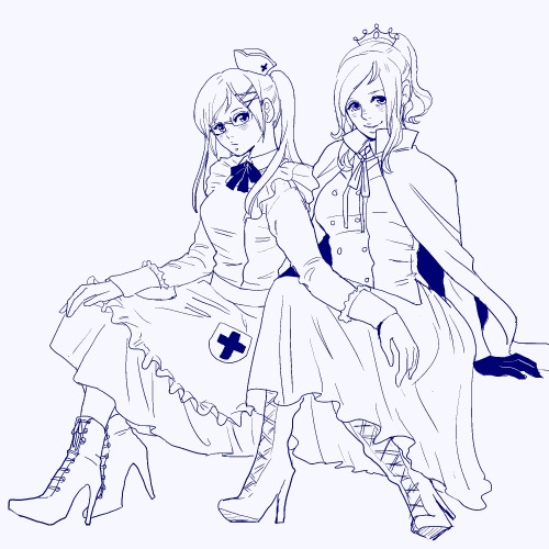 inkodoodles:‘high heels’ APH 1hr drawing - Nyo FrUK sitting together. ^^