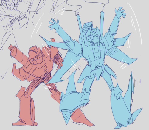 brainstorm is excitedly flailing around, arms and wings and legs swinging all over the place. perceptor, somewhere behind him, grins up at brainstorm while ducking and pushing a stray wing flap out of his face.