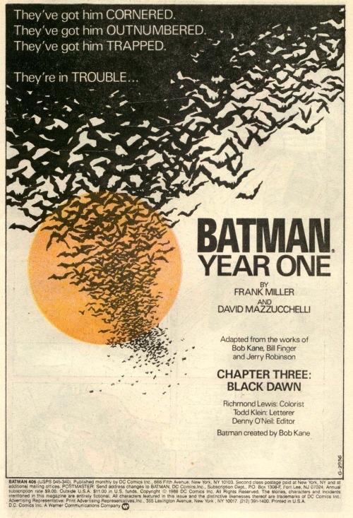 ungoliantschilde:  Batman, Vol. 1 #s 404-407 frontispiece splashes by David Mazzucchelli, Frank Miller, Richmond Lewis, and Todd Klein. 