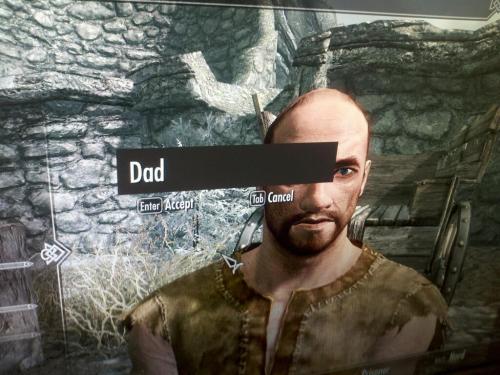 scootermoto:my dad made a skyrim character and named him dad