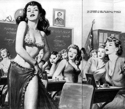 michaelallanleonard:  The technique of nightclub dancing is rehearsed by the hour until the instructor, Madame Nina, is satisfied. Walter Popp, illustration from vintage men’s adventure magazine. 