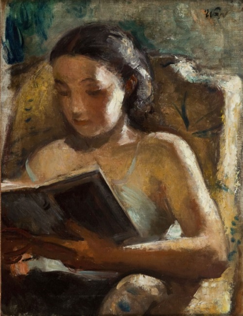 books0977:Reading. Wojciech Weiss (Polish, 1875-1950). Oil on canvas.Weiss was searching for a formu