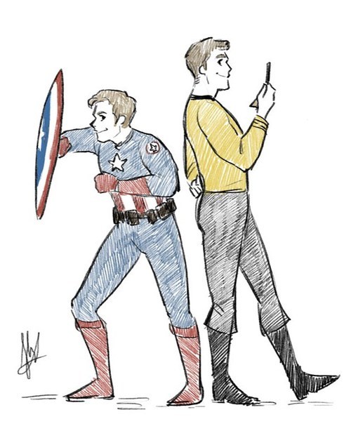 usscamelot:  spicyshimmy:  okay but seriously where is the fanart of jim kirk dressed as captain america and steve rogers dressed as captain james t. kirk   