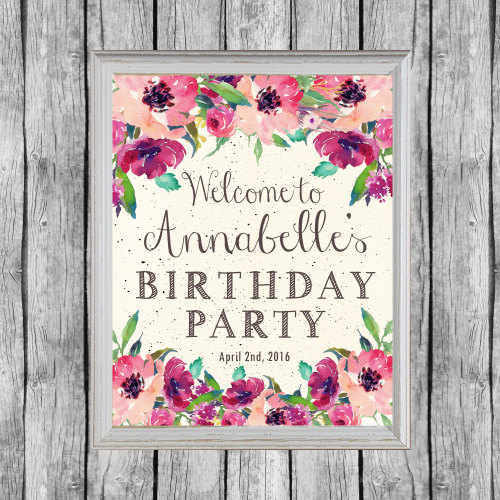 Birthday Party Sign. Birthday Party Printable Decoration. Purple Floral Birthday Party Poster. Digit