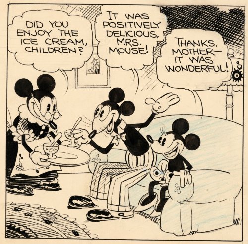 rocket-prose:Original pen and ink art for the Oct. 25, 1930 Mickey Mouse daily strip, featuring penc