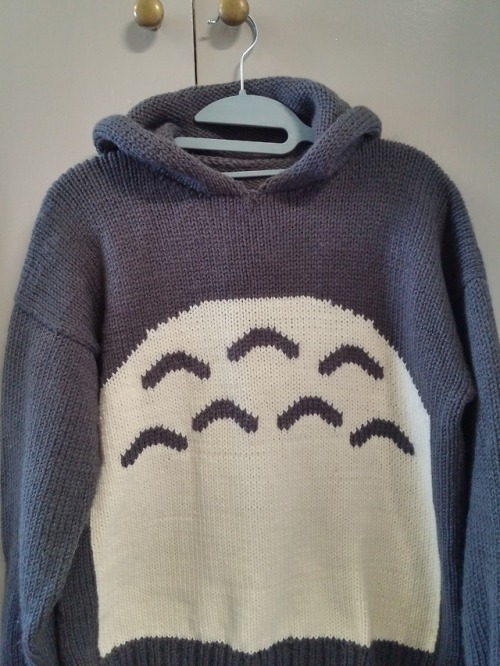 a dark grey knitted jumper with a hood with a white semi circle belly and wee eyebrow shapes on the white in dark grey. a totoro belly