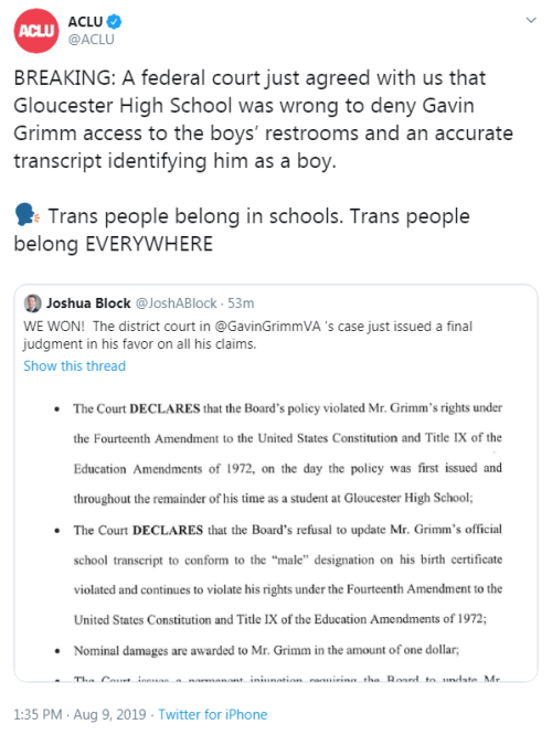 “BREAKING: A federal court just agreed with us that Gloucester High School was wrong to deny Gavin G