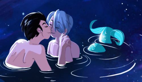 zen-draws:Night swimmingHuman!Yuuri meets with his secret lover, Merman!Victor, in a calm midnight s