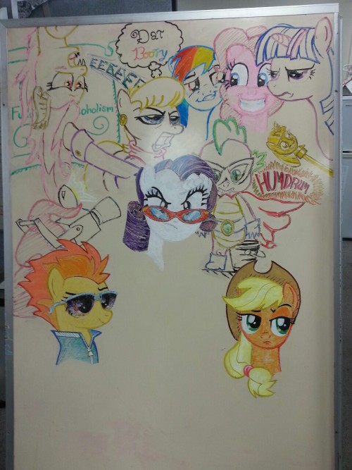 Rounding out the Mane Six is the cutest, most reliable, all around best background pony, Applejack!  All ponies are done in whiteboard markers.