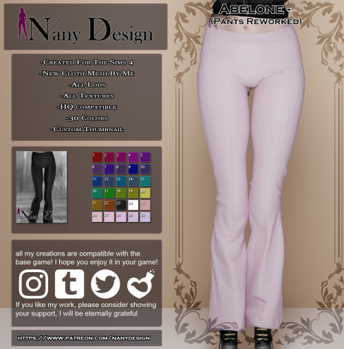 nany-design: Abelone (Pants - Reworked)Base Game Compatible*For Females T / A / YA*Outfit Type:Pants