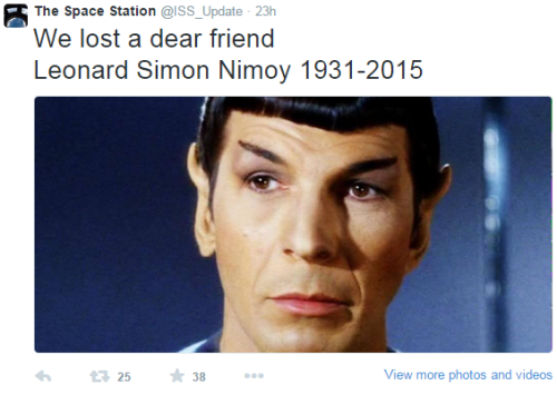 artistnotadoctor:johnsonspacecenter:NASA and astronauts paying tribute to Leonard Nimoy.*Link to Buz